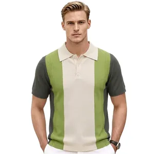 Men's Casual Viscose Knit Polo Shirt Ice Silk Short Sleeve Color Block Vertical Striped Knitted Top For Summer
