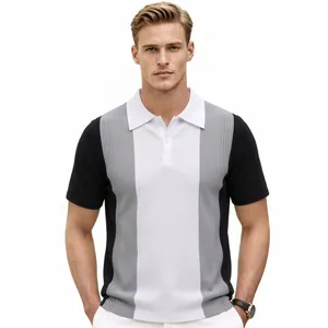 Men's ice silk knit polo shirt with a stylish color-block design in white and grey.