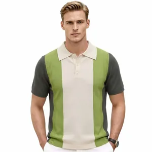 Men's color-blocked ice silk knit polo shirt with vertical stripes and beige collar