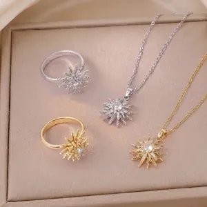 Titanium Steel Rotating Sunflower Pendant Necklace Stainless Steel Zircon Sunburst Ring For Women Spinner Jewelry Gift