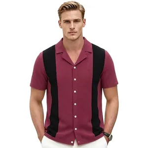 Herren Casual Strick Polo Shirt Kurzarm Camp Kragen Gestreift Viskose Knopfleiste Retro Strickhemd Top