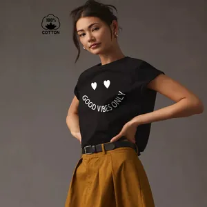 Black pure cotton women's t-shirt with heart graphic and 'Good Vibes Only' lettering print