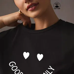Women's casual black 100% cotton T-shirt featuring white heart and letter graphic prints