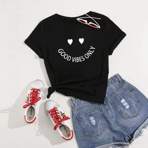 Stylish black cotton women's t-shirt featuring a Good Vibes Only heart print graphic