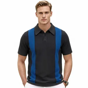 Polo en tricot pour homme à manches courtes avec rayures verticales bleues et noires