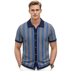 Men's Vintage Striped Jacquard Knitted Polo Shirt Casual Business Button Down Cardigan Short Sleeve Summer Top For Men