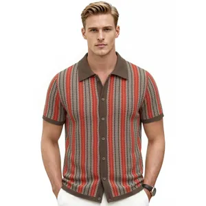 Retro striped jacquard knit polo shirt cardigan for men in casual business style