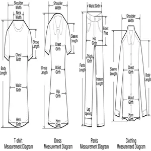 Guida dettagliata alle misure per abiti, top e pantaloni con etichette in cinese.