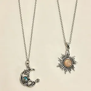 Bohemian Retro Moonstone Moon Pendant Necklace Silver Wire Wrapped Hollow Out Sun Geometric Jewelry For Women