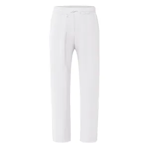 Detail view of men's breathable white cotton linen straight-leg casual pants for summer