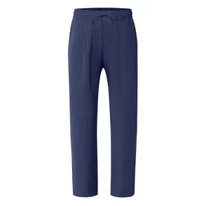 Men's casual loose navy blue cotton linen trousers with an elastic drawstring waist