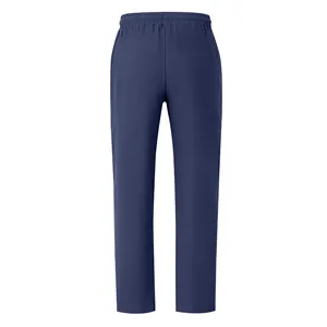 Rear view of men's breathable navy blue cotton linen pants with elastic waist