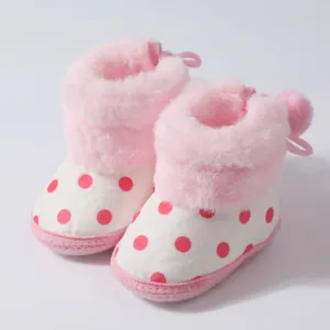 Rosa gepunktete Baby-Schneestiefel mit flauschigem Kunstpelzkragen und weicher Sohle
