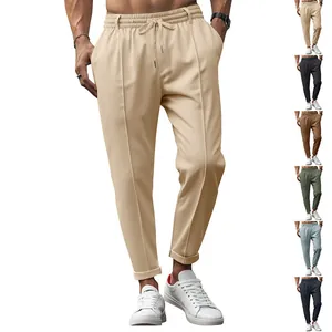 Men Business Casual Slim Fit Tapered Pants Drawstring Elastic Waist Solid Color Polyester Comfortable Long Chinos Trousers