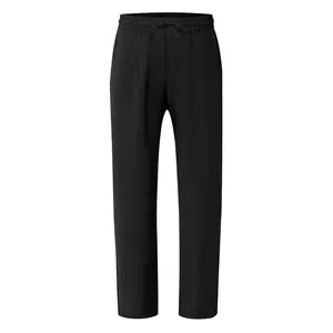 Men's casual black cotton linen trousers with drawstring elastic waist and straight cut