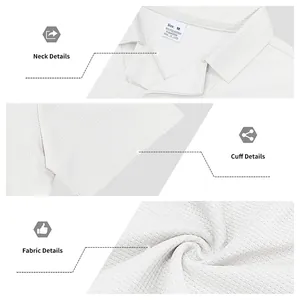 Vues détaillées du polo blanc gaufré : col, poignet et texture du tissu de qualité