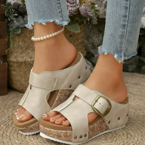 Dames Zomer Plateau Sleehak Slippers Open Teen Synthetisch Leer Gesp Sandalen Kurk Textuur Zool Retro Casual Strand Schoenen