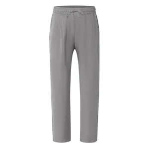 Full front view of men's breathable grey cotton linen straight-leg casual trousers