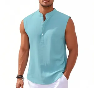 Débardeur henley sans manches bleu clair pour homme avec col montant et boutons mode