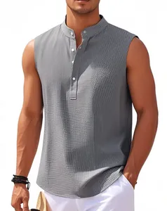Débardeur Henley gris pour homme avec rayures texturées et patte de boutonnage