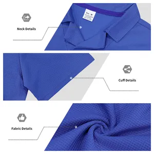 Détails du polo bleu en maille gaufrée montrant le col, le poignet et la texture du tissu