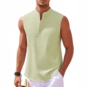 Débardeur Henley Décontracté sans Manches pour Hommes Été Fibre d'Acétate Texture Nervurée Col Montant Couleur Unie Haut