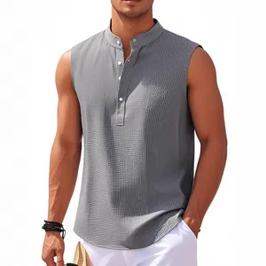 Gilet décontracté sans manches pour hommes avec tissu gris texturé et col officier