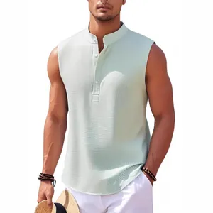 Polo décontracté sans manches pour hommes en tissu texturé vert clair pour l'été