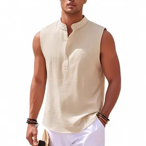 Chemise Henley décontractée sans manches pour homme avec texture rayée beige