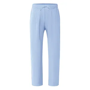 Casual light blue cotton linen straight pants for men featuring a drawstring waist.