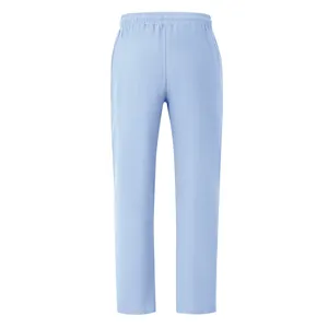 Detailed back view of men's light blue breathable cotton linen straight leg trousers