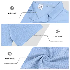 Vue détaillée du col et de la texture d'un polo bleu clair en maille gaufrée