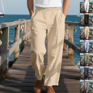 Men Loose Casual Linen Pants American Style Hip Hop Beach Wide Leg Drawstring Trousers Lightweight Breathable Summer Bottoms