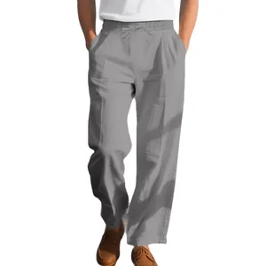 Men's loose casual gray linen wide-leg pants featuring a drawstring waist and breathable fabric