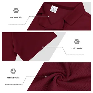 Détails du col, des poignets et du tissu gaufré d'un polo pour homme de couleur bordeaux