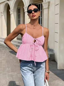 Close-up view of a pink striped camisole with elegant front tie and spaghetti straps