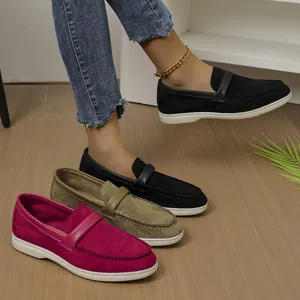 Classic women's casual suede loafers in black green and magenta with white flat soles