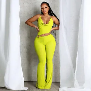 Sexy limettengrüner Neckholder-Jumpsuit mit Taillenausschnitt und Ring