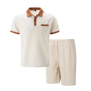 Detail view of men's waffle knit set with contrast polo shirt and matching shorts