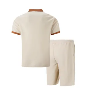 Detailed back view of men's beige waffle knit polo shirt and matching casual shorts