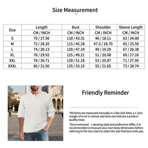 Close-up of size guide table for long-sleeve men's Henley shirt with waffle texture