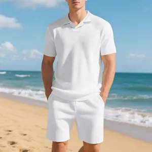 Detailed macro shot of white waffle-knit polo shirt and matching shorts set