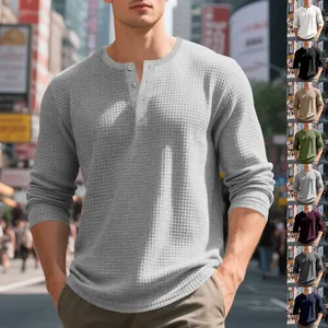 Camiseta Henley de manga larga para hombre con tejido de gofre y múltiples opciones de color