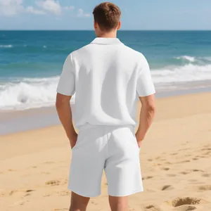 Back view of a men's white waffle knit polo shirt and casual shorts summer set