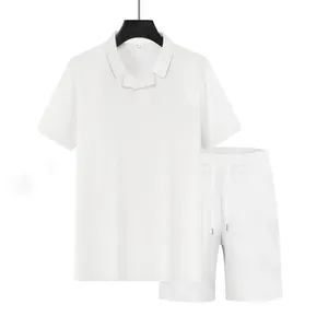 Men's summer white waffle knit polo shirt and casual shorts two-piece set in loose fit