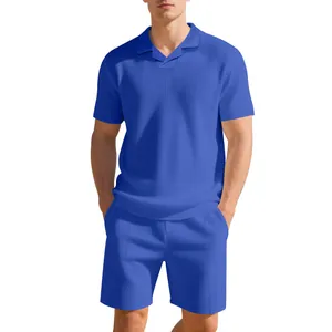 Detail of royal blue waffle knit polo shirt and shorts set for men casual summer wear