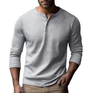 Premium men's slim fit long sleeve Henley shirt in light heather gray casual style