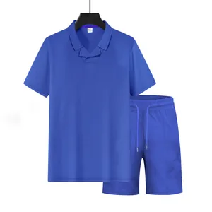 Detail of blue waffle knit texture on men's casual polo shirt and shorts set for summer