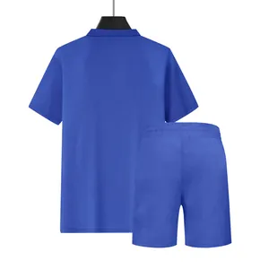 Back view of men's blue waffle knit Polo shirt and shorts set for casual summer wear