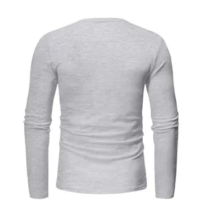 Back view of a men's slim fit long sleeve T-shirt in light grey melange texture.